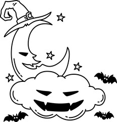 Hand drawn Halloween Groovy Night Moon with Cloud Ghost Cartoon Outline
