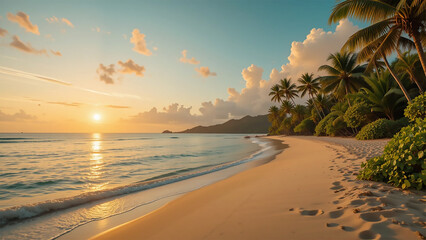 Sunrise at Tropical Beach with Palm Trees and Calm Ocean