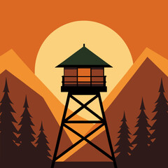 vector illustration  forest fire watch tower with gradient sunset stripe