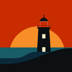 A beacon of safety, the lighthouse stands tall on the island coast at sunset, its light piercing the nautical night sky