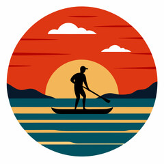 vector illustration  paddleboarder on calm water with bold sunset line