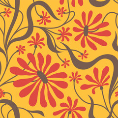 YELLOW  SEAMLESS VECTOR BACKGROUND WITH RED CONVOLVULUS