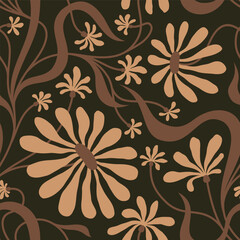 DARK GREEN  SEAMLESS VECTOR BACKGROUND WITH BEIGE CONVOLVULUS