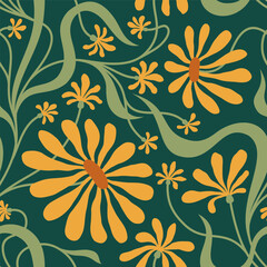 GREEN SEAMLESS VECTOR BACKGROUND WITH YELLOW CONVOLVULUS