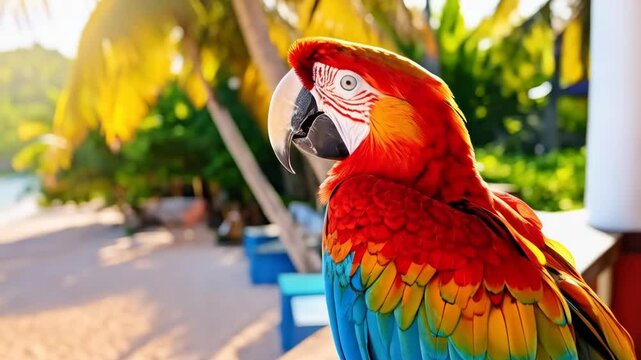 Vibrant macaw parrot perched on a tropical beach with turquoise sea and island backdrop on a sunny day, displaying colorful feathers.