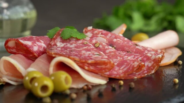 Close up of fresh slices cold cuts sausage ham bacon jamon on stone cutting board with olives and parsley. Meat. Pork beef. Food