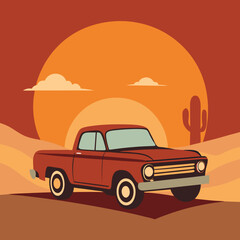 vintage pickup truck driving through desert with retro sun