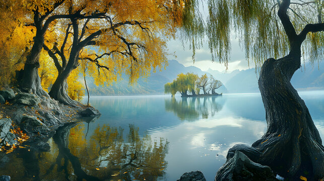 Serene Autumn Lake with Willow Trees and Mountain Reflections