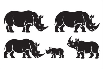 Stylized Rhino Silhouettes of Adult and Baby in Wild Nature Vector Icons