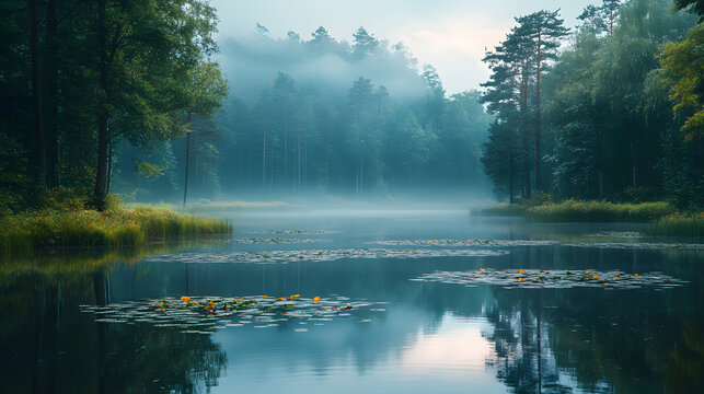 Misty Forest Lake with Lilies and Reflections