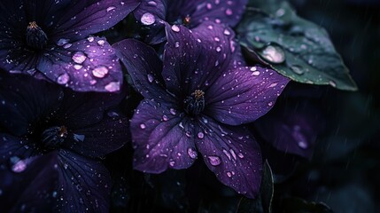 Close-up view of vibrant purple flowers covered in raindrops.