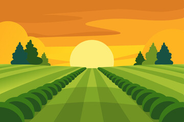 Serene Sunset over Lush Green Fields A Tranquil Countryside Landscape