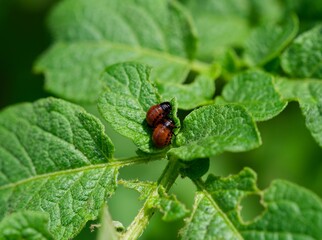 Close-up shot of two colorado potato beetle larvae eating potato plant leaves.