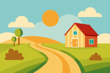 Naklejka premium Charming Countryside House Illustration Winding Road, Sunny Day, and Rolling Hills