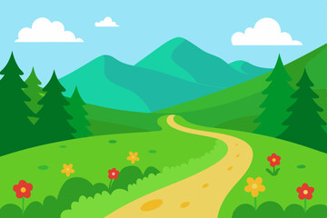 Obraz premium Serene Mountain Landscape Winding Path Through Lush Green Hills and Blooming Flowers