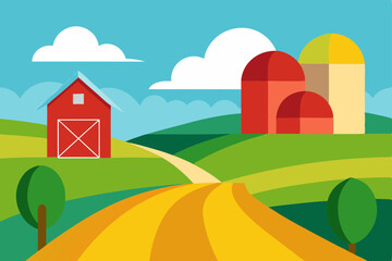 Serene Countryside Rolling Hills, Farmhouses, and Golden Roads