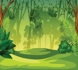 Fototapeta premium Enchanted Forest Landscape with Sunlight Rays and Green Foliage