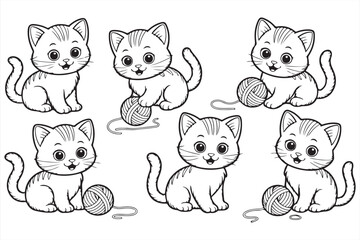 Charming Kittens Playing with Yarn in Expressive Line Art for Coloring Books