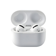 Wireless earbuds in charging case isolated on transparent background