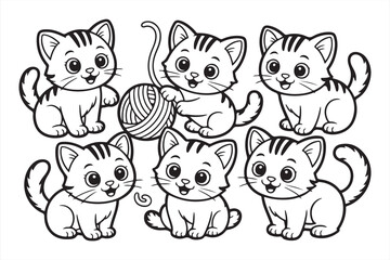 Adorable Line Art Kittens in Playful and Resting Poses with Yarn Balls