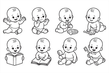 Adorable Baby Line Art Set Showing Playful and Learning Activities in Vector Style
