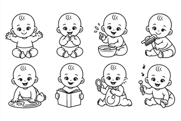Delightful Baby Characters Engaged in Play and Learning Illustrated in Clean Line Art