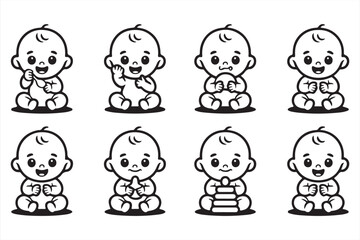 Minimal Baby Icon Pack Depicting Expressions and Activities in Solid Line Design