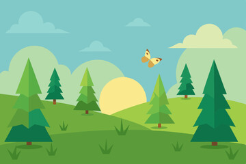 Obraz premium Serene Sunrise Landscape Majestic Pines, Gentle Hills, and a Butterfly's Flight
