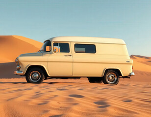 Realistic mockup of a 1950s cargo van placed in a dry desert landscape. Perfect for outdoor-themed advertising, vintage vehicle design, and commercial branding.