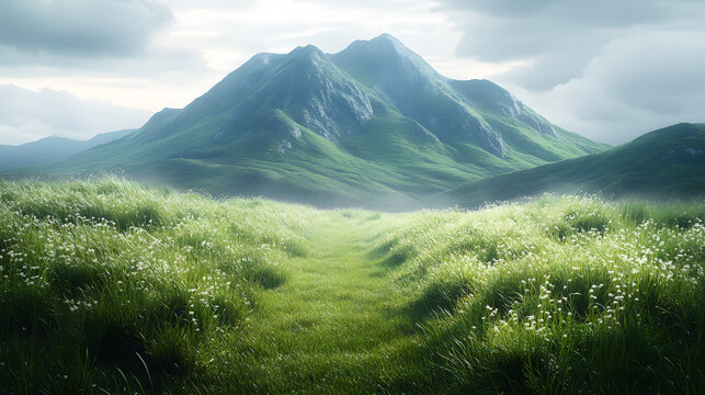 Lush Green Meadow with Rolling Hills and Misty Mountains
