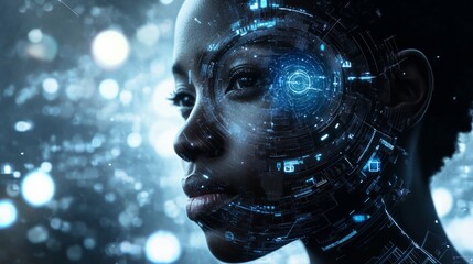 African American woman with futuristic digital interface overlay on her face, showcasing technology and innovation in a visually striking and conceptual manner