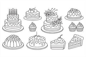 Stylized Line Drawings of Sweet Treats Including Sundaes, Cupcakes, and Cakes in Minimal Form