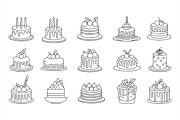 Creative Outline Collection of Decorative Cakes with Candles and Fruits in Celebration Theme