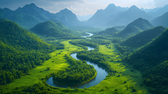 Winding River Through Lush Green Valley Surrounded by Mountain Ranges - Powered by Adobe