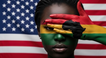 Juneteenth poster with African American woman, face and hand painted in red, yellow, green Pan-African colors with African continent symbol, American flag in background, symbolizing heritage, freedom 