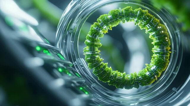 nature conservation concept. A futuristic circular structure with integrated greenery and advanced transparent technology, glowing with green lights.