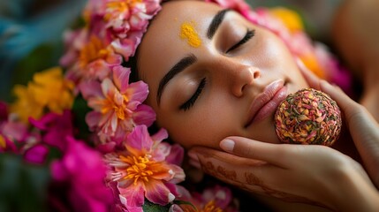 Woman with flower wreath and jewelry on her face. Useful for articles about spa treatments and relaxation.