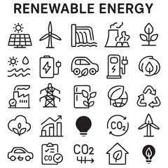 “30 Renewable Energy Icons in Editable Stroke Vector Style - Black and White”