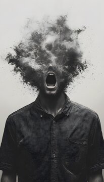 A man's head exploding in a grayscale abstract expression.