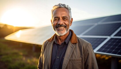 Man smiling at sunset solar panels