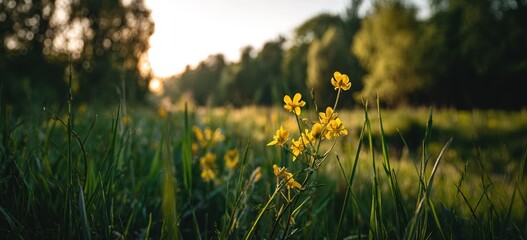 Blurred bokeh effect of meadow with trees behind yellow wildflowers in sunset light, perfect for digital art, mindfulness branding, and website headers.
