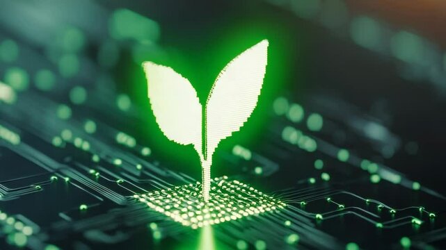 nature conservation concept. A glowing green digital plant sprouts from a circuit board, symbolizing the fusion of technology and sustainability.