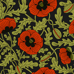 BRIGHT RED VECTOR BLOOMING POPPIES ON A BLACK BACKGROUND
