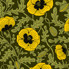 BRIGHT YELLOW VECTOR BLOOMING POPPIES ON A BLACK BACKGROUND