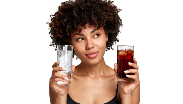 Young Woman Choosing Between Water and Cola