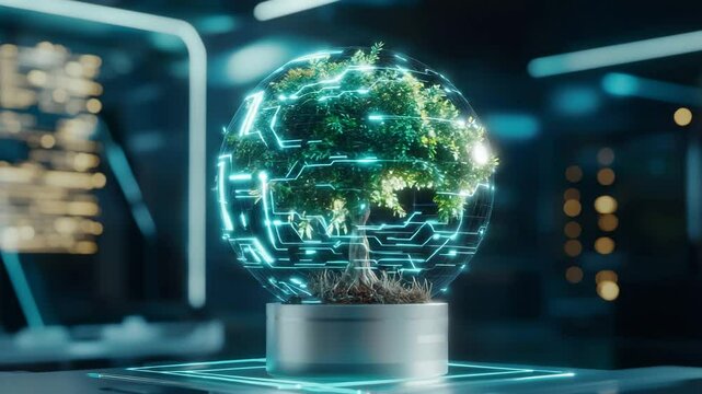 nature conservation concept. A small tree in a futuristic pot is enclosed by a glowing digital sphere, symbolizing technology and nature integration.
