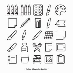 Drawing & Writing Tools Line Icons – 25 Art Supplies in Bold Vector Style