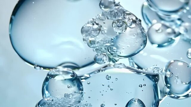 Ultraclean macro footage shows pale blue bubbles rising languidly through water their glassy skins reflecting soft highlights while minute droplets split rejoin creating calming ultra slow motion K