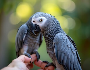 Obraz premium african grey parrot, perched on finger, intelligent exotic pet interaction, photo realistic, side view with soft ambient light