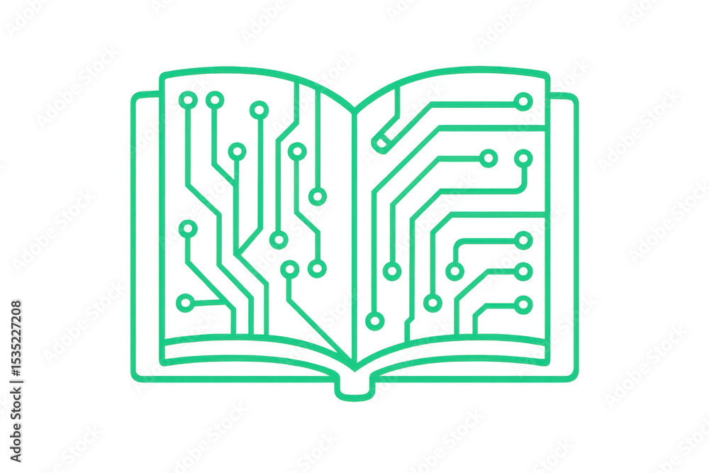 Poster digital knowledge icon showing open book merging with electronic circuit, symbolizing tech learning 